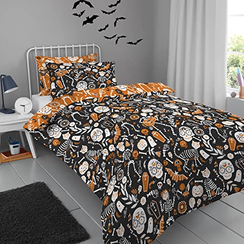 Bedlam - Halloween-Kinder-Bettwäsche-Set, leuchtet im Dunkeln, Tag der Toten – Doppelbett-Set in Schwarz/Orange von Bedlam