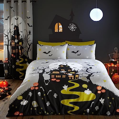 Bedlam - Halloween Spukhaus Bettwäsche - Doppelbett (200 x 200cm) - Leuchtet im Dunkeln - Spukhaus Motiv Bettwäsche - Halloween Dekoration für Schlafzimmer - Passender Vorhang erhältlich von Bedlam