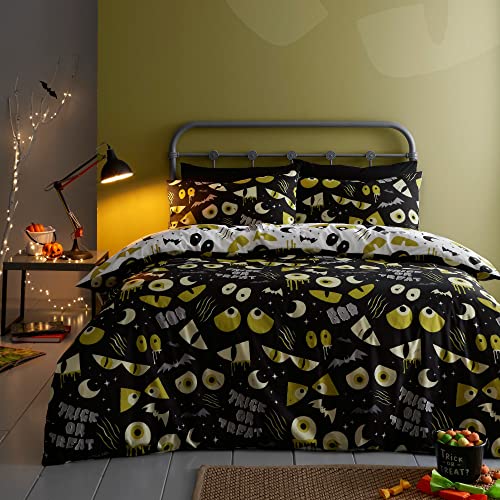 Bedlam Halloween-Bettwäsche-Set für Kinder, leuchtet im Dunkeln, Süßes oder Saures, Einzelbett-Set in Schwarz von Bedlam