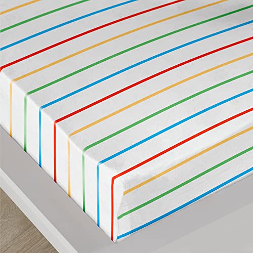 Bedlam - Regenbogen gestreiftes Bettlaken – Spannbettlaken für Einzelbett (190 x 90 x 28 cm) – Regenbogen-Bettwäsche – Mehrfarbig gestreiftes Bettlaken in Weiß – Einzel-Spannbetttuch mit Streifen – von Bedlam
