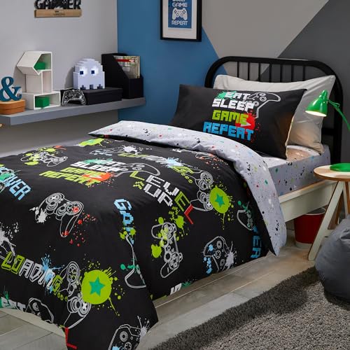 Bedlam Schwarzer Gaming-Bettbezug, Doppelbettgröße (200 x 200 cm), leuchtet im Dunkeln, wendbar (2 Designs), Gaming-Bettwäsche – Gamer-Bettbezug in Schwarz – Gaming-Schlafzimmer-Zubehör von Bedlam