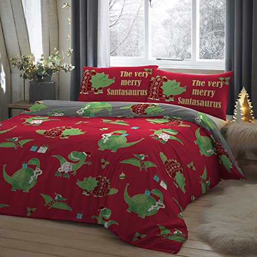 Bedlam Christmas – Santasaurus – leuchtet im Dunkeln – Bettbezug-Set – Doppelbettgröße in Rot von Bedlam