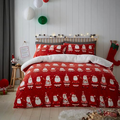 Bedlam - Weihnachts-Teddybär-Fleece-Bettbezug, Einzelbettgröße (140 x 200 cm), wendbar, 1 x Kissenbezug, Weihnachts-Fleece-Bettwäsche mit Weihnachtsmann/Weihnachtsmann, rote Weihnachtsbettwäsche von Bedlam