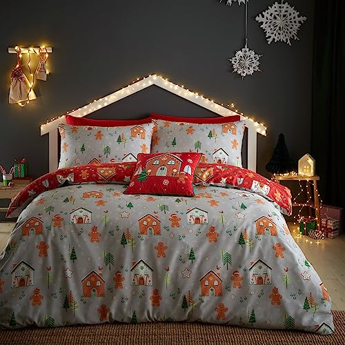 Bedlam Wende-Bettwäsche-Set für Doppelbett, Motiv Lebkuchenhaus/Weihnachten, Grau von Bedlam