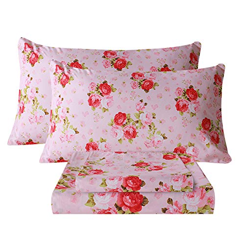 Bedlifes Bettwäsche-Set für King-Size-Betten, ultraweich, bedruckt, Blumenmuster, tiefes Spannbetttuch, Spannbetttuch, Kissenbezüge, 100 % Mikrofaser, 4-teilig, King-Size Red Rose von Bedlifes