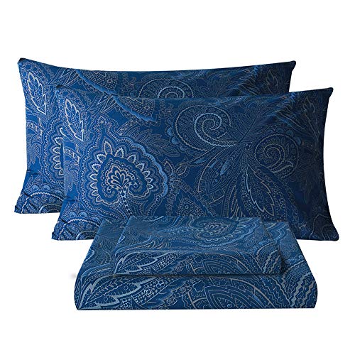 Bedlifes King-Size-Bettlaken-Set, ultraweich, atmungsaktiv, seidig, tiefe Tasche, 100 % Mikrofaser, Bettlaken, 4-teiliges King-Size-Bettlaken, Paisleymuster, Dunkelmarineblau von Bedlifes