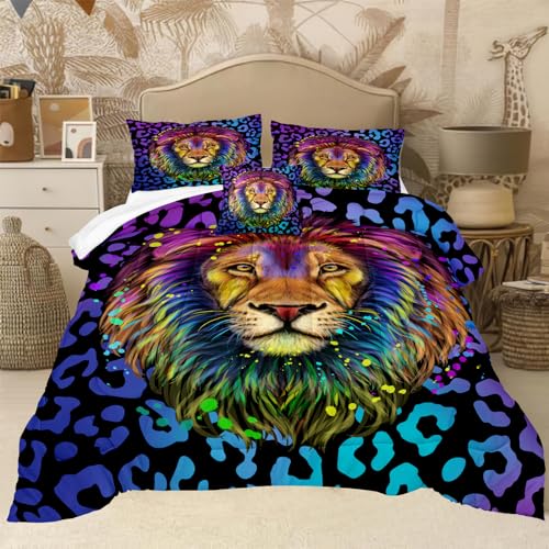 Löwen-Bettwäsche-Set mit Leopardenmuster, Kingsize-Bett in einer Tasche mit Bettdecke und Laken, Aquarell, Gepard, Löwe, Afrika, Tier-King-Bettwäsche-Set für alle Jahreszeiten von Bedorm