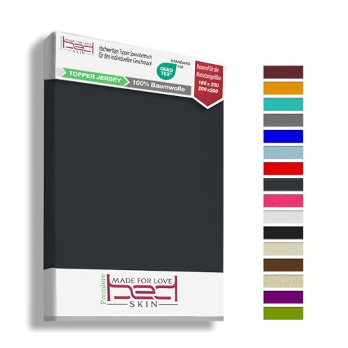 Bedskin 2er Set Spannbettlaken für Topper 180x200 & 200x200 cm – Jersey aus 100% Baumwolle – Weich & Atmungsaktiv, für Topper bis 10 cm Höhe – Anthrazit von Bedskin