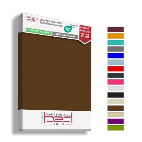 Bedskin 2er Set Spannbettlaken für Topper 180x200 & 200x200 cm – Jersey aus 100% Baumwolle – Weich & Atmungsaktiv, für Topper bis 10 cm Höhe – Dunkelbraun von Bedskin