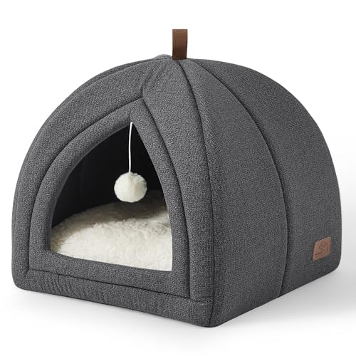 Bedesure Katzenbett große Katzen Katzenhöhle- 40x40x40 cm Katzenhaus Indoor mit abnehmbarem Sherpa Katzenkissen und hängendem Spielzeug, Katzen Bettchen waschbar, dunkelgrau von Bedsure