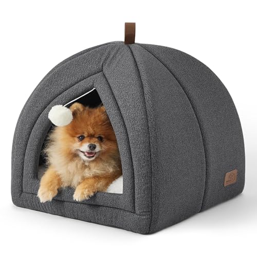 Bedesure Katzenbett große Katzen Katzenhöhle- 44x44x44 cm Katzenhaus Indoor mit abnehmbarem Sherpa Katzenkissen und hängendem Spielzeug, Katzen Bettchen waschbar, dunkelgrau von Bedsure