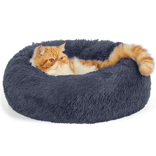 Bedsure Katzenbett waschbar Flauschiges Katzenbett - Ø 50 cm Katzenschlafplatz für Katzen, plüsch Katzenkissen rund Kuschelbett, dunkelgrau von Bedsure