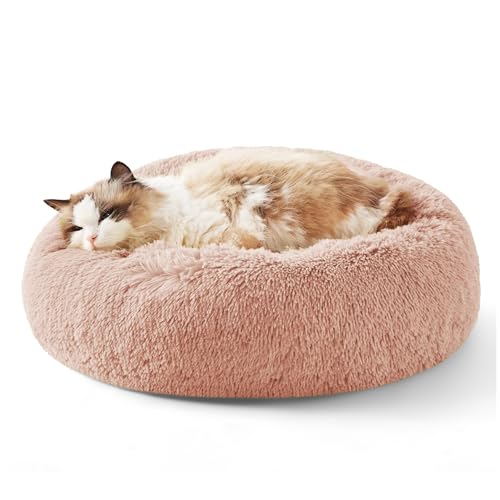 Bedsure Katzenbett waschbar Flauschiges Katzenbett - Ø 50 cm Katzenschlafplatz für Katzen, plüsch Katzenkissen rund Kuschelbett, Rosa von Bedsure