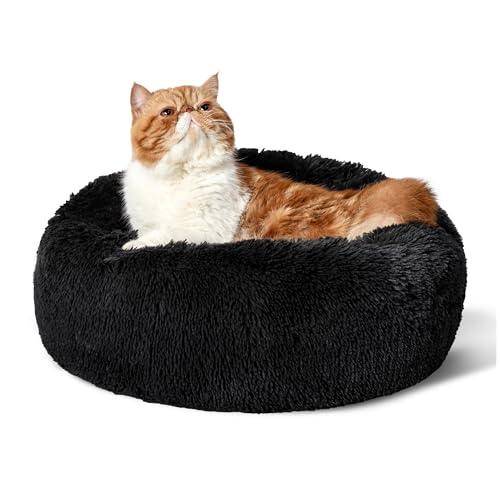 Bedsure Katzenbett waschbar Flauschiges Katzenbett - Ø 50 cm Katzenschlafplatz für Katzen und kleine Hunde, plüsch Katzenkissen rund Kuschelbett, schwarz von Bedsure