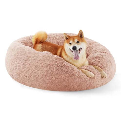 Bedsure Katzenbett waschbar Flauschiges Katzenbett - Ø 80 cm Katzenschlafplatz für Katzen, plüsch Katzenkissen rund Kuschelbett, Rosa von Bedsure