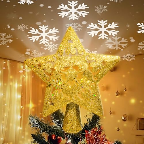 Bee Elf weihnachtsbaumschmuck Topper beleuchtet Stern baumspitze Weihnachten Baum Topper mit LED rotierenden Schneeflocken Beamer, Silber weihnachtsbaumspitze für Weihnachtsbaum Dekorationen Gold von Bee Elf