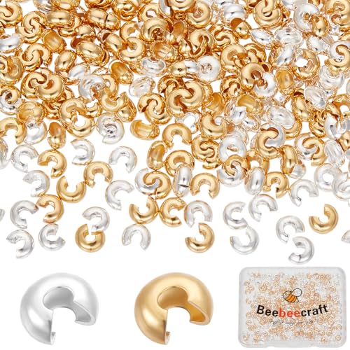 Beebeecraft 1 Box 300 Stück 24 Karat Gold Und 925 Sterling Silber Plattierte Crimpperlen Abdeckungen 4x3mm Kleine Offene Halbrunde Crimpknoten Abdeckung Abstandsperlen Endstücke von Beebeecraft