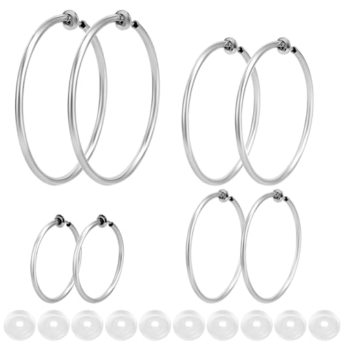 Beebeecraft 1 Box 4 Paar Creolen Zum Anklipsen 304 Edelstahl Silber Runde Creolen Mit Bequemen Silikonpolstern Für Nicht Piercing Ohrringe Schmuck 50/60mm von Beebeecraft