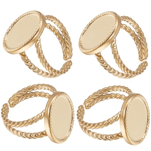 Beebeecraft 1 Box 8 Stück Sonnen Offene Manschetten Ringfassungen 18K Vergoldetes Messing Offene Rohlinge Mit Ovalem Tablett Metall-Ringfassungsrohlinge DIY Einfassungen Für Die Herstellung von Beebeecraft