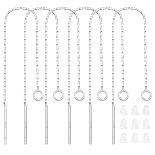 Beebeecraft 6 Stück Rhodinierte 925 Sterling-Silber-Ohrfäden Zur Schmuckherstellung, 70 mm Lange Ohrringkette Mit Schlaufe Für Selbstgemachte Ohrringe Mit 10 Kunststoff-Ohrmuttern Und Aufbewahrungsbox von Beebeecraft