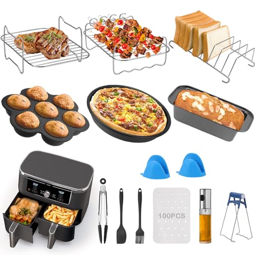 Luftfritteusen-Zubehör-Set mit 13 Stück für Ninja Dual AF451UK AF300UK AF400UK Tower T17088, inklusive 100 Papiereinlagen für 7,6–9,5 l Dual-Zonen-Luftfritteuse, Edelstahl-Racks, Backformen und Luftfritteusen-Zubehör-Set mit 13 Stück für Ninja Dual AF451UK AF300UK AF400UK Tower T17088, inklusive 100 Papiereinlagen für 7,6–9,5 l Dual-Zonen-Luftfritteuse, Edelstahl-Racks, Backformen und von Beedove
