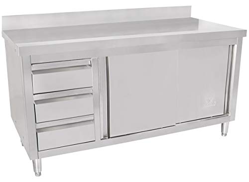 Beeketal 'BAS160-70L' Gastro Edelstahl Küchenschrank mit 3 Schubladen (links), 2 Rolltüren und 4 verstellbaren Standfüßen, Küchen Arbeitsplatte mit 10 cm Aufkantung - (L/B/H) ca. 1700 x 700 x 950 mm von Beeketal