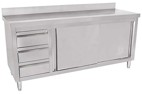 Beeketal 'BAS180-60L' Gastro Edelstahl Küchenschrank mit 3 Schubladen (links), 2 Rolltüren und 4 verstellbaren Standfüßen, Küchen Arbeitsplatte mit 10 cm Aufkantung - (L/B/H) ca. 1800 x 600 x 950 mm von Beeketal