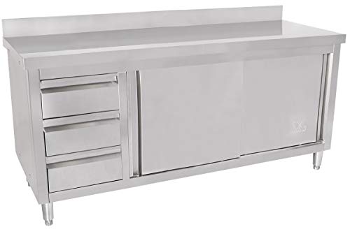 Beeketal 'BAS180-70L' Gastro Edelstahl Küchenschrank mit 3 Schubladen (links), 2 Rolltüren und 4 verstellbaren Standfüßen, Küchen Arbeitsplatte mit 10 cm Aufkantung - (L/B/H) ca. 1800 x 700 x 950 mm von Beeketal