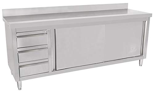 Beeketal 'BAS200-60L' Gastro Edelstahl Küchenschrank mit 3 Schubladen (links), 2 Rolltüren und 4 verstellbaren Standfüßen, Küchen Arbeitsplatte mit 10 cm Aufkantung - (L/B/H) ca. 2000 x 600 x 950 mm von Beeketal