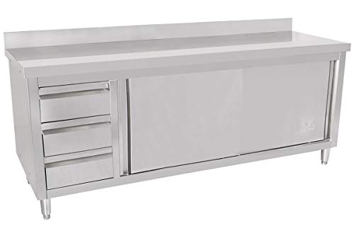 Beeketal 'BAS200-70L' Gastro Edelstahl Küchenschrank mit 3 Schubladen (links), 2 Rolltüren und 4 verstellbaren Standfüßen, Küchen Arbeitsplatte mit 10 cm Aufkantung - (L/B/H) ca. 2000 x 700 x 950 mm von Beeketal