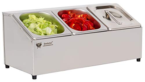 Beeketal 'BGN-3' Edelstahl GN Aufsatzboard für 3 Gastronorm Behälter (einreihig), Gastro Zutatenbehälter inkl. 3 Stück (GN) 1/6 Behälter mit Deckel, abgeschrägtes Gestell mit Anti-Rutsch Füßen von Beeketal