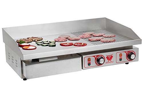 Beeketal 'BGP-b2' Profi Gastro Gusseisen Grillplatte elektrisch mit 2 separat regelbaren Grillzonen, stufenlos regelbar 50-300 °C (4400 Watt), Edelstahl Spritzschutz und großem Fett Auffangbehälter von Beeketal