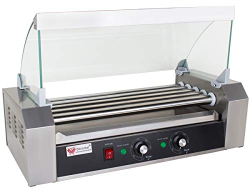 Beeketal 'BH5WG' Profi Hot Dog Grill mit 5 rotierenden Heizstäben, Edelstahl Würstchen Grill Gerät mit Fettauffangschublade und Glas Abdeckhaube, 2 Heizzonen separat stufenlos regelbar 50-250 °C von Beeketal