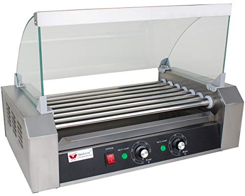 Beeketal 'BH7WG' Profi Hot Dog Grill mit 7 rotierenden Heizstäben, Edelstahl Würstchen Grill Gerät mit Fettauffangschublade und Glas Abdeckhaube, 2 Heizzonen separat stufenlos regelbar 50-250 °C von Beeketal