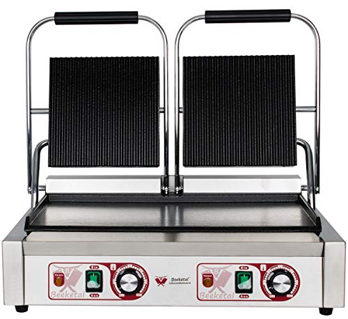 Beeketal 'BKG8' Gastro Doppelt Kontaktgrill mit Gusseisen Grillpatten (oben gerillt unten glatt) mit Fettauffangschale, Profi Edelstahl Elektrogrill ideal als Panini Grill Maker oder Sandwich Toaster von Beeketal