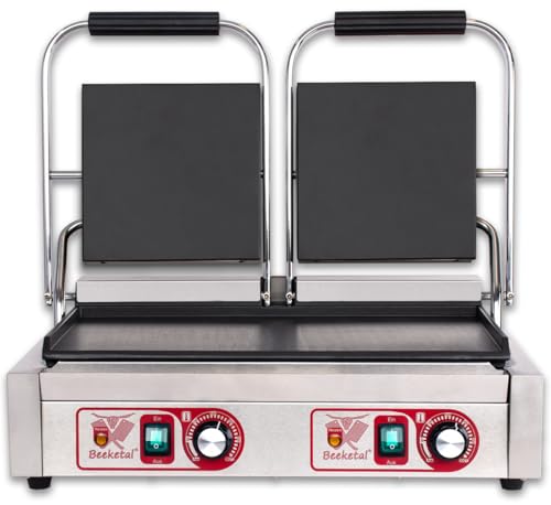 Beeketal 'BKG9' Gastro Doppelt Kontaktgrill mit Gusseisen Grillpatten (oben und unten glatt) mit Fettauffangschale, Profi Edelstahl Elektrogrill ideal als Panini Grill Maker oder Sandwich Toaster von Beeketal