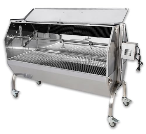 Beeketal 'BSGW-150G' Profi Spanferkelgrill mit Abdeckung, mobiler Spießgrill mit Grillmotor und höhenverstellbarem Drehspieß, stabile Edelstahl Konstruktion mit 4 bremsbaren 360° Grad Rollen von Beeketal