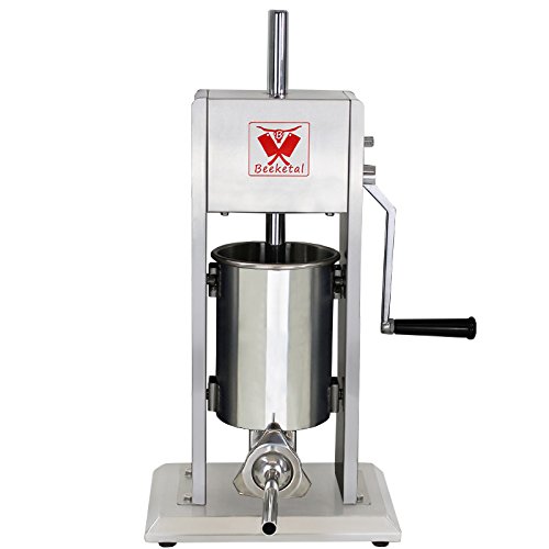 Beeketal 'BT03' Edelstahl Industrie Wurstfüllmaschine (3 L Volumen) SGS-geprüft, Profi Wurstfüller mit gehärtetem 2 Gang Vollmetall-Getriebe und 90° Aluguss Handkurbel, inkl. 5 Fülltüllen von Beeketal