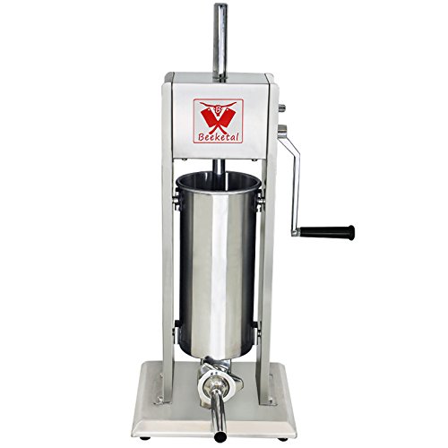 Beeketal 'BT05' Edelstahl Industrie Wurstfüllmaschine (5 L Volumen) SGS-geprüft, Profi Wurstfüller mit gehärtetem 2 Gang Vollmetall-Getriebe und 90° Aluguss Handkurbel, inkl. 5 Fülltüllen von Beeketal