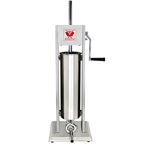 Beeketal 'BT07' Edelstahl Industrie Wurstfüllmaschine (7 L Volumen) SGS-geprüft, Profi Wurstfüller mit gehärtetem 2 Gang Vollmetall-Getriebe und 90° Aluguss Handkurbel, inkl. 5 Fülltüllen von Beeketal