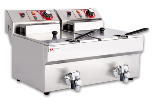 Beeketal 'BTF20B' Doppel Kaltzonen Fritteuse (2 x 9 Liter Volumen für max. 2 x 6 Liter Öl) Edelstahl Friteuse mit Temperaturkontrolle und Fettablaufhahn von Beeketal
