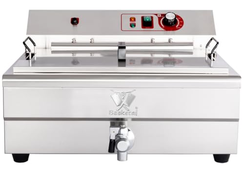 Beeketal 'BWF-200P' Profi Gastronomie Kaltzonen Fritteuse/Fettbackgerät mit seitlichem Abtropfgitter (20l Volumen für max. 14l Öl) Edelstahl Gastro Friteuse mit Doppelheizspirale und Fettablaufhahn von Beeketal