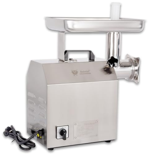 Beeketal 'FW220B' Profi Edelstahl Fleischwolf mit 220 kg/Std. Durchsatz, 1100 Watt Motor, 1 Geschwindigkeit, Tragegriff, inkl. 3 Lochscheiben 3-6-8 mm + 3 Messer, 1x Fülltülle PVC, Rückwärtsgang von Beeketal