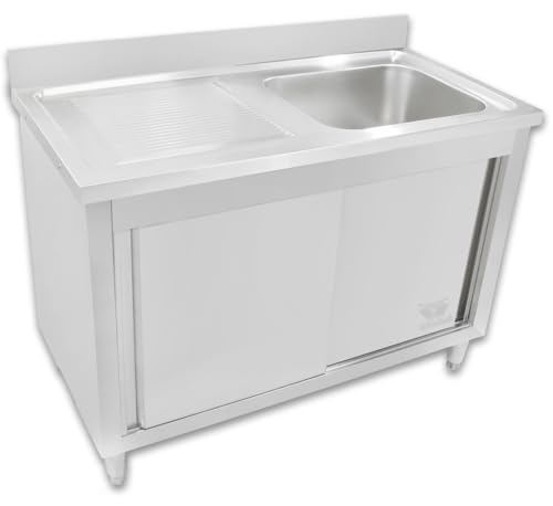 Beeketal 'GSB120' Edelstahl Spülschrank mit Spülbecken (rechts), Abtropffläche und Aufkantung, Unterschrank mit 2 Schiebetüren und justierbaren Stellfüßen, (B/T/H): ca. 1200 x 600 x 950 mm von Beeketal