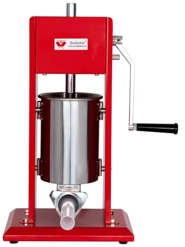 Beeketal 'MT03' Profi Gastro Wurstfüllmaschine (3 Liter) SGS-geprüft, Wurstfüller mit 2 Gang Vollmetall-Getriebe und Handkurbel, Gehäuse aus Stahl (rot lackiert), inkl. 4 Fülltüllen von Beeketal