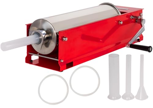 Beeketal 'MTH07' Profi Gastro Wurstfüllmaschine (7 Liter/horizontal) SGS-geprüft, Wurstfüller mit 2 Gang Vollmetall-Getriebe und Handkurbel, Gehäuse aus Stahl (rot lackiert), inkl. 4 Fülltüllen von Beeketal