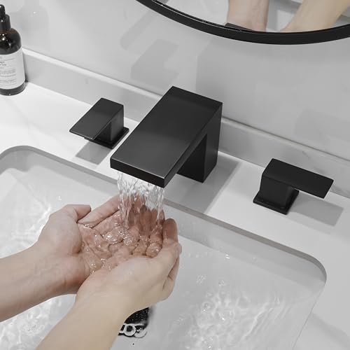 【3-Loch Waschbeckenarmatur】Schwarz Bad Mischbatterie Breitverbreitete Armatur in Premium Messing - Moderne Waschtischarmatur für WC von Beelee