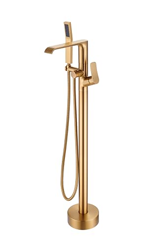 Bodenmontage Wannenarmatur Gold: freistehende Badewannenarmatur mit Handbrause – Goldwannenfüller Duscharmatur-Set 360 Grad schwenkbarer Wasserfallauslauf – Beelee von Beelee