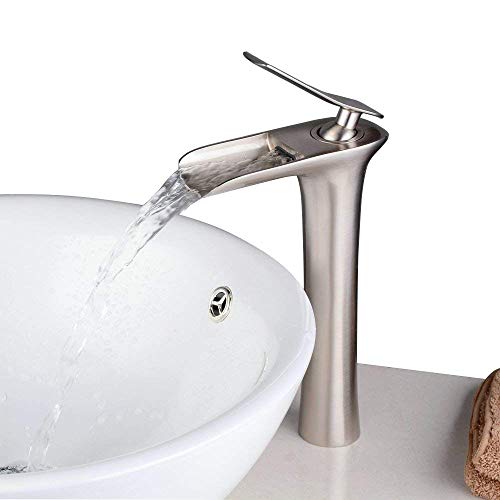 Wasserfall Wasserhahn Bad, Beelee Wasserhahn Waschbecken für Badezimmer, Einhandmischer Waschtischarmaturen, Keramikventil, Kaltes und Heißes Wasser Vorhande, Nickel gebürstet, BL9009NH von Beelee