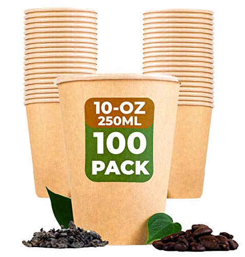 BEELEEVE [100-Pack] to-Go-Kaffee und Teebecher Kompostierbar - Öko - Biologisch abbaubar - Einweg-Einwegbehälter für Büro, Party, Hochzeitsgetränke - Braunes Kraftpapier, PLA-Beschichtung(250ml/10oz) von Beeleeve